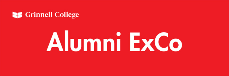 White text on red background. Text: Alumni ExCo. Grinnell College logo in all white in the upper left corner.